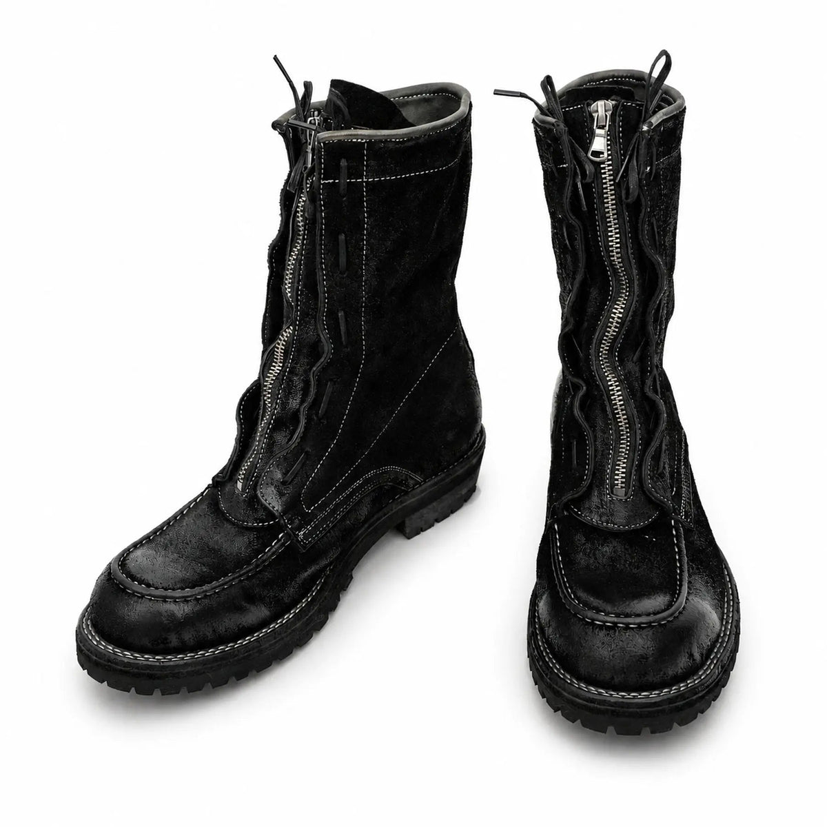 Black Textured Zip Lace-Up Boots