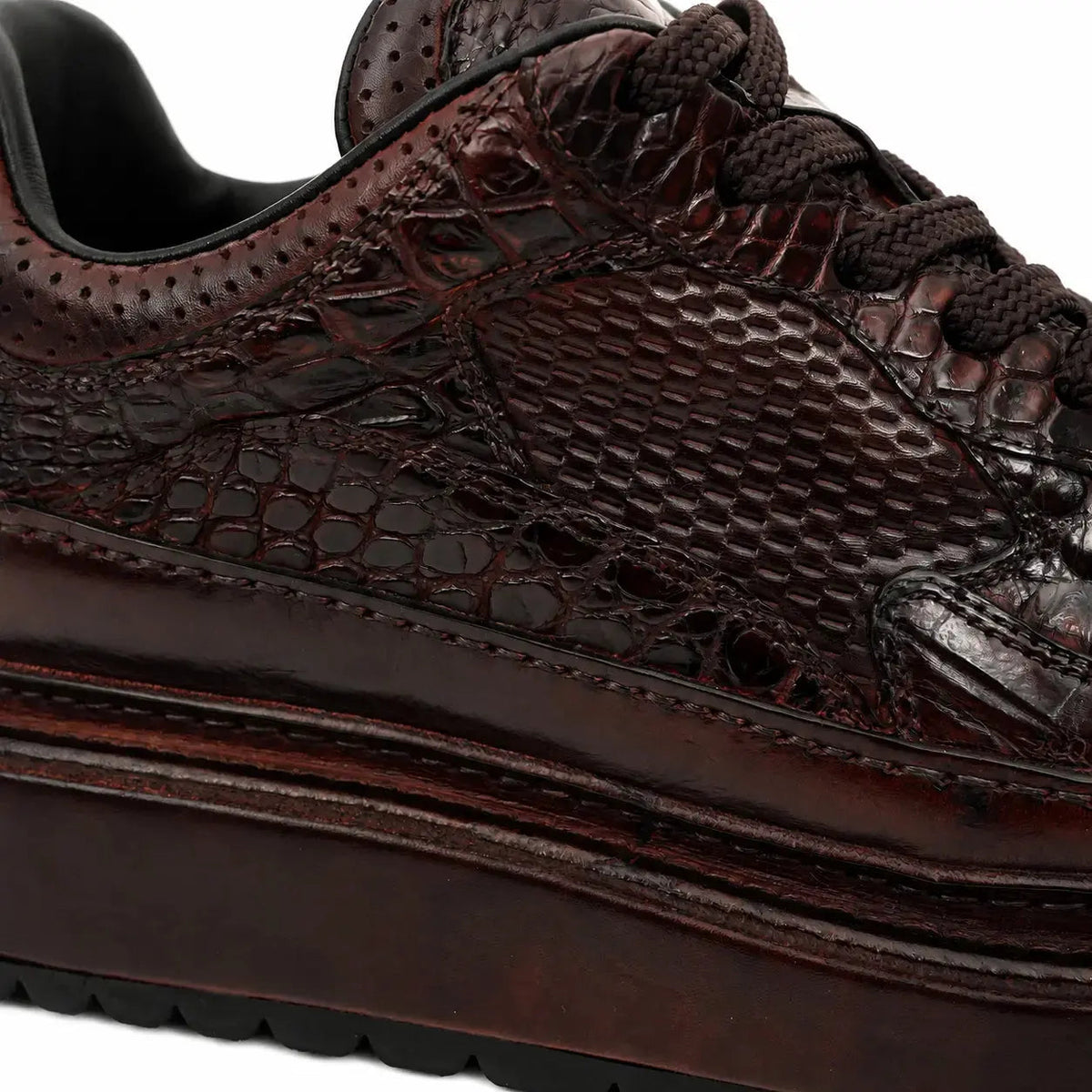 Burgundy Crocodile-Textured Platform Sneaker