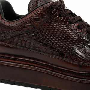 Burgundy Crocodile-Textured Platform Sneaker