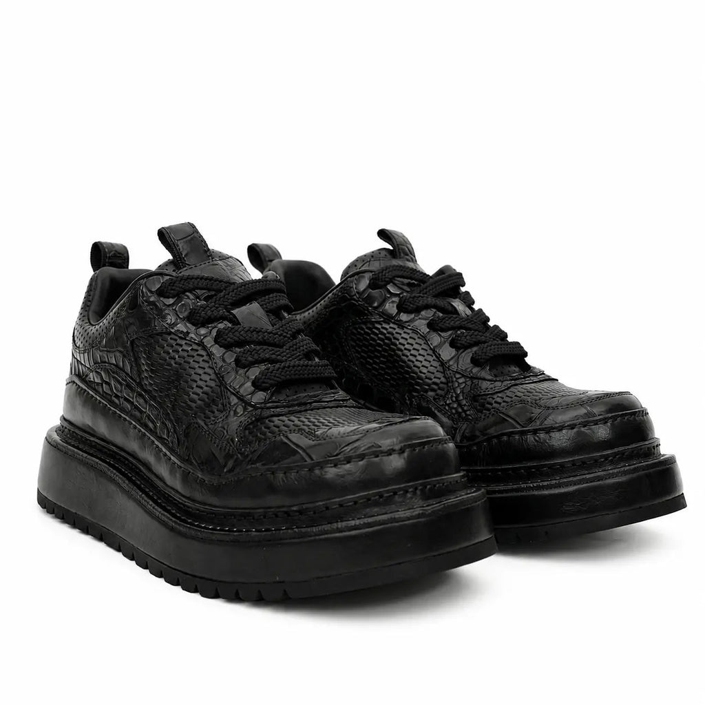 Black Crocodile-Textured Platform Sneaker