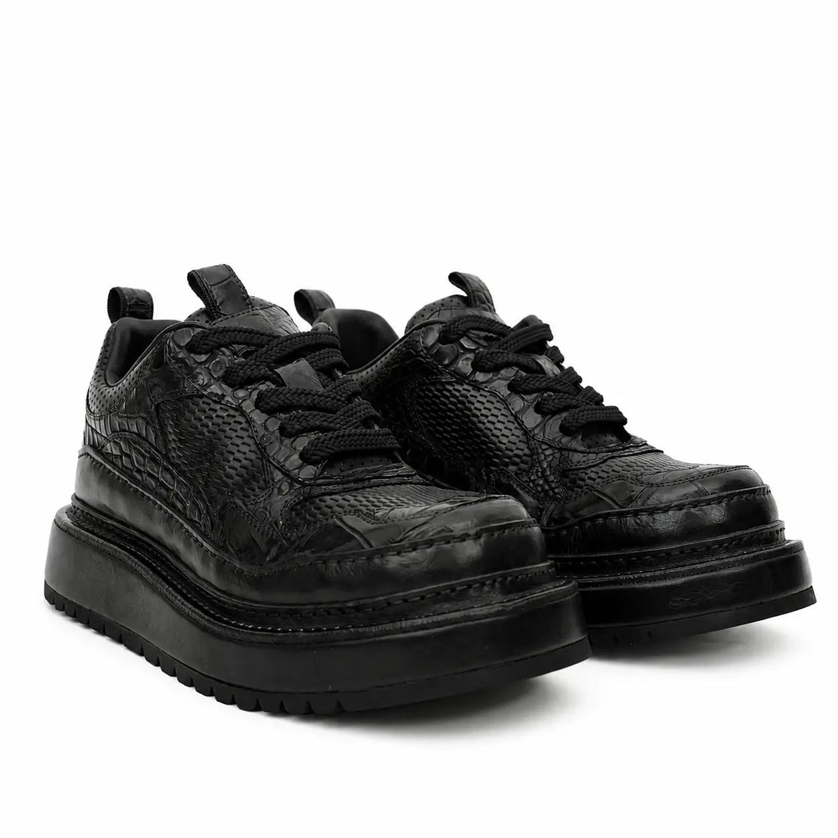 Black Crocodile-Textured Platform Sneaker