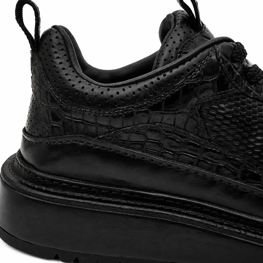 Black Crocodile-Textured Platform Sneaker