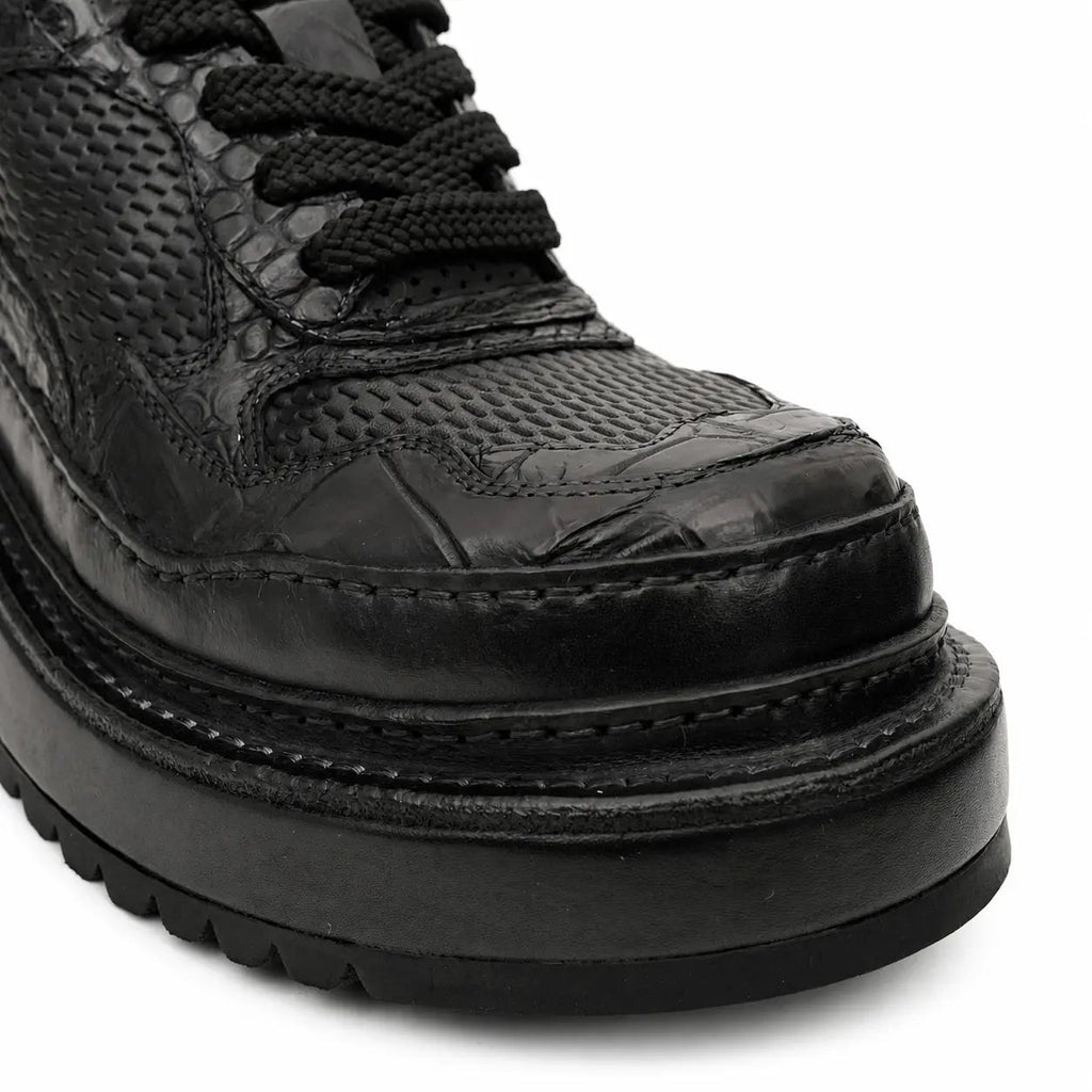 Black Crocodile-Textured Platform Sneaker