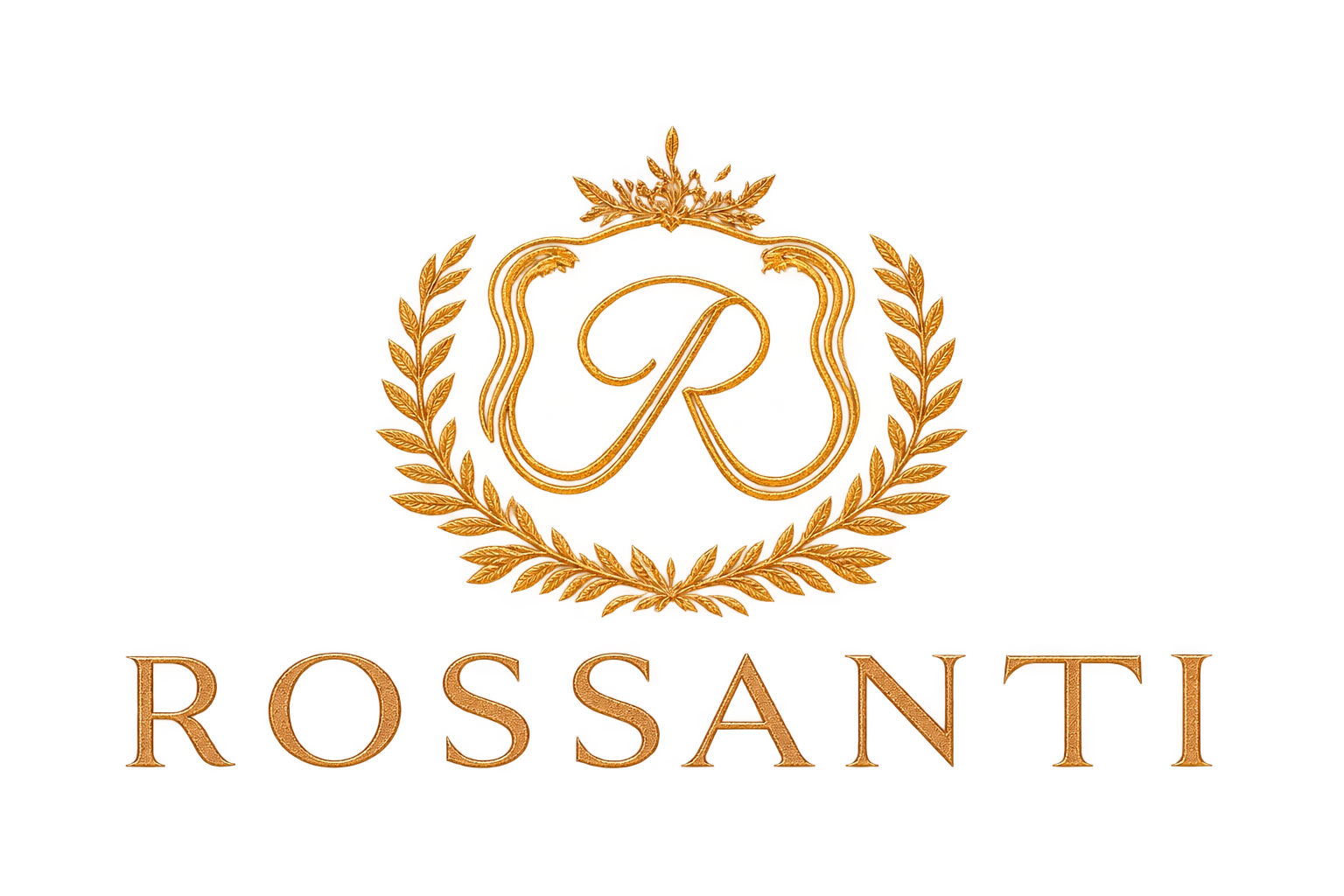 Rossanti logo with a gold R monogram, laurel wreath and brand name
