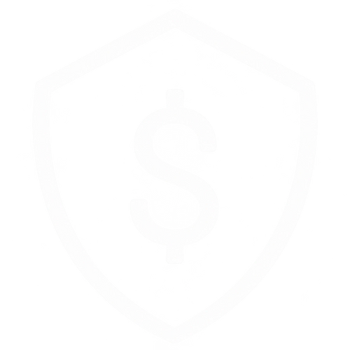White shield outline with a dollar sign