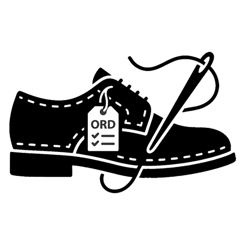 Shoe with a needle, thread and order tag, representing made-to-order production.