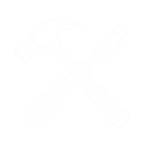 White line icon of a crossed hammer and chisel